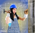Construction woman with tools, denims overall Royalty Free Stock Photo
