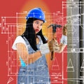 Construction woman with tools, denims overall Royalty Free Stock Photo