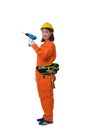 Construction workers wearing Orange Protective clothes, helmet hand holding electric drill with tool belt isolated on white Royalty Free Stock Photo