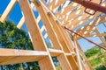 Construction of a Wooden Frame Structure Under a Clear Blue Sky Royalty Free Stock Photo