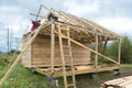 Construction of a wooden house in a rural area