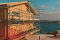 Construction of a wooden house with a sea view Royalty Free Stock Photo