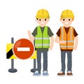 Construction work. Clothing and tools worker. Sign and cone Royalty Free Stock Photo