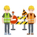 Construction work. Clothing and tools worker. Yellow uniform, gloves, green vest and helmet. Cartoon flat illustration