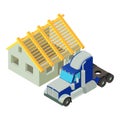 Construction work icon isometric vector. Semi trailer truck and unfinished house