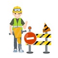 Construction work. road is closed for repairs. Clothing and tools worker