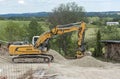 Construction work on the site. Escavator, stones. closeup Royalty Free Stock Photo