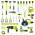 Construction work tools, carpentry equipment for repairs or building renovation. Screwdriver, wrench, hammer, circular