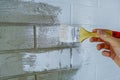 A construction worker applies paint to a brick wall.The painter paints primers the walls with a brush, makes repairs in the house