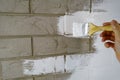 A construction worker applies paint to a brick wall.The painter paints primers the walls with a brush, makes repairs in the house