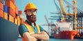 Construction worker with beard and glasses at shipping port with containers and cranes Royalty Free Stock Photo