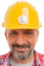Construction worker with bitcoin on helmet Royalty Free Stock Photo