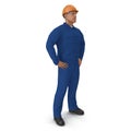 Construction Worker In Blue Coverall with Hardhat Standing Pose Isolated On White Background. 3D illustration Royalty Free Stock Photo