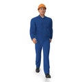 Construction Worker In Blue Coverall with Hardhat Standing Pose. 3D illustration, isolated, on white