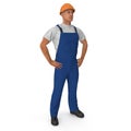 Construction Worker In Blue Overall with Hardhat Standing Pose Isolated On white Background. 3D illustration Royalty Free Stock Photo