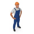 Construction Worker In Blue Overall with Hardhat Standing Pose Isolated On white Background. 3D illustration Royalty Free Stock Photo