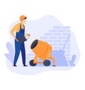 Construction worker in blue overalls and helmet prepares cement with mixer. Professional bricklayer works with orange Royalty Free Stock Photo