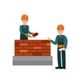 Construction worker bricklayer making a brickwork with trowel and cement mortar, foreman supervising his work cartoon Royalty Free Stock Photo