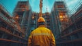 Construction worker observing a building site during twilight with scaffolding and cranes in the background. Generative Royalty Free Stock Photo