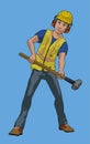 construction worker holding sledge hammer cartoon character yellow bib and hard hat professional illustration