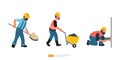 Construction Worker Character Set Vector Illustration. Builder with Shovel. Worker with Wheelbarrow Carrying Sand. Hand Drill Work