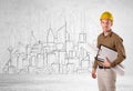 Construction worker with cityscape background Royalty Free Stock Photo