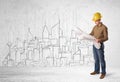 Construction worker with cityscape background Royalty Free Stock Photo