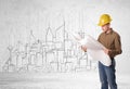 Construction worker with cityscape background Royalty Free Stock Photo