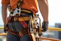 Construction worker climber on a site wearing construction safety equipment working at height, Generative AI Royalty Free Stock Photo