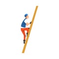 Construction Worker Climbing Ladder, Male Builder Character Wearing Uniform and Protective Helmet Building House Cartoon Royalty Free Stock Photo
