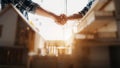 construction worker and contractor. Client shaking hands with team builder in renovation site in the morning Royalty Free Stock Photo