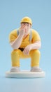 A Cartoon Construction Worker Sits Depressed with Headache on Pastel Background Royalty Free Stock Photo