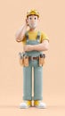 Cartoon Construction Worker Scratching Head with Tools on Belt - Contemplating Task Royalty Free Stock Photo