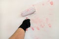 Construction worker doing finish renovation at apartment. Painter contractor using white paint roller brush painting of wall room. Royalty Free Stock Photo