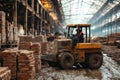 Construction worker driving a loader carrying bricks in a muddy factory Royalty Free Stock Photo
