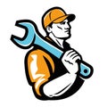Construction worker emblem. Builder with wrench, logo in retro style. Vector illustration