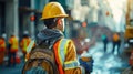 Construction worker enjoying a hot coffee break during a busy workday in the city Royalty Free Stock Photo