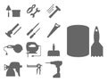 Construction worker equipment silhouette house renovation handyman tools carpentry industry vector illustration.