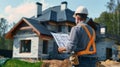 Construction worker examining blueprints at a building site Royalty Free Stock Photo