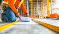 Construction Worker Examining Blueprints on Site, Meticulously Planning the Building Process. Royalty Free Stock Photo