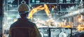 A construction worker in a futuristic setting stands in front of a large holographic screen displaying real-time market trends and