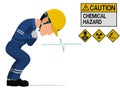 An construction worker is gesturing about chemical hazard