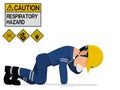 An construction worker is gesturing about respiratory hazard