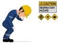 An construction worker is gesturing about respiratory hazard