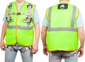 Construction worker in green safety vest isolated on white background