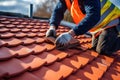 Construction worker hands working on roof tiles installation closeup. Generative AI