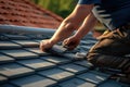 Construction worker hands working on roof tiles installation closeup. Generative AI