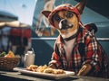 Construction worker handyman dog in a flannel shirt enjoying lunch from food truck. Generative AI Royalty Free Stock Photo
