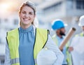 Construction worker, happy woman portrait or engineering contractor for career mindset, industry and building Royalty Free Stock Photo