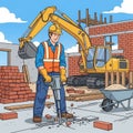 A construction worker in a hard hat and orange safety vest operates a jackhammer. Royalty Free Stock Photo